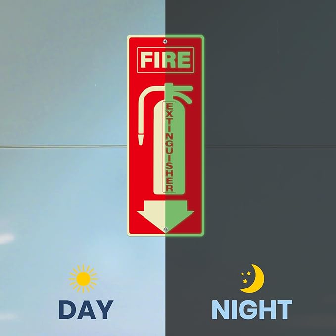 6 Pack Fire Extinguisher Signs 10 × 4 Inches Glow in the Dark Aluminum Sign Waterproof UV Protected Fade Resistance Signage for Home Office Business