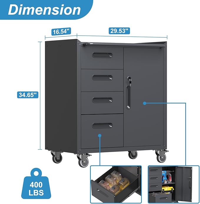 Black Metal Storage Cabinet with Wheels Heavy Duty Steel Rolling Tool Carts for Garage Locking Tool Storage Cabinets with Wheels and Drawers for Kitchen Basement Warehouse, Assembly Required