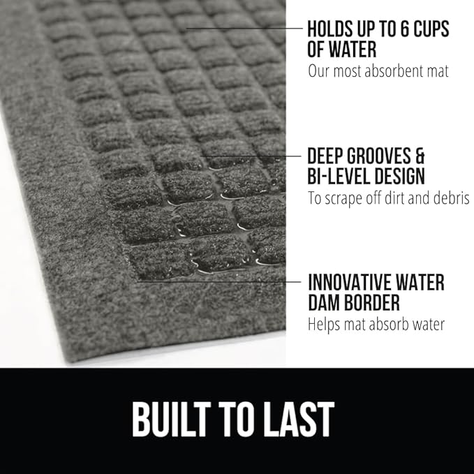 GORILLA GRIP Front Door Mat, 47x35, Indoor Outdoor Ultra Absorbent HydroAbsorb Doormat, Absorbs Up to 6 Cups of Water, Stain and Fade Resistant, Rubber Backing Doormats, Captures Dirt, Grey
