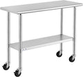 ROCKPOINT Stainless Steel Table for Prep & Work with Caster Wheels 18x48 Inches, NSF Metal Commercial Kitchen Heavy Duty Table with Adjustable Under Shelf and Table Foot for Restaurant, Home and Hotel