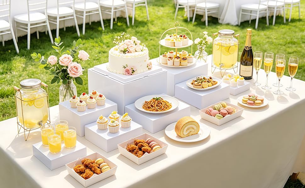 Nestable Buffet Risers - 8 Pcs White Acrylic Food Risers with Signs & Markers – Sturdy Dessert Table Display Stands for Parties, Catering, Jewelry & Collectibles (Easy-Store Stackable Cubes: 10'',9'',8", 7", 6", 5", 4", 3") - Image 7