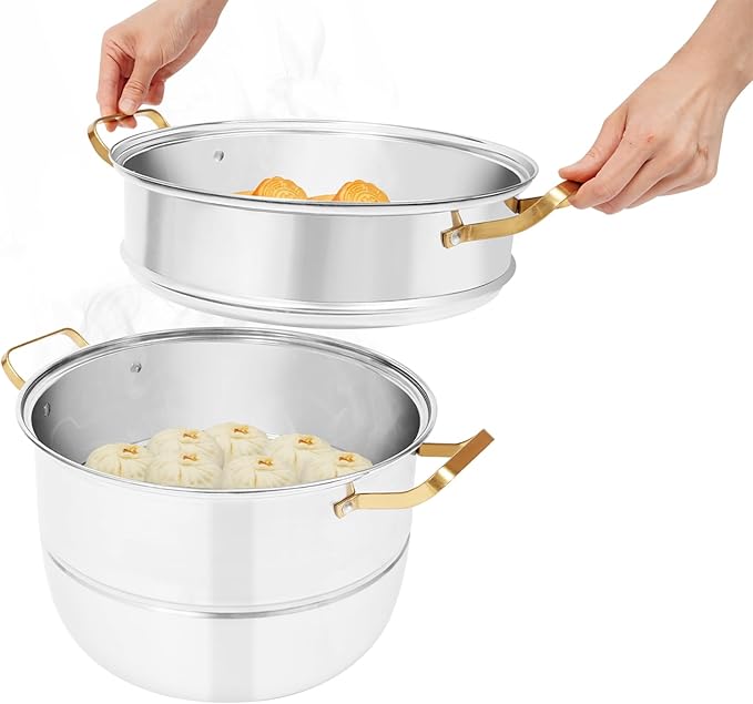 3-Tier Food Steamer Pot for Cooking, Stainless Steel Steamer Pot with Lid, Stackable Steaming Pots for 4-6 People, Steam Cooker Cookware for Dumpling Seafood, Compatible with Gas Stove (12.6 Diameter)