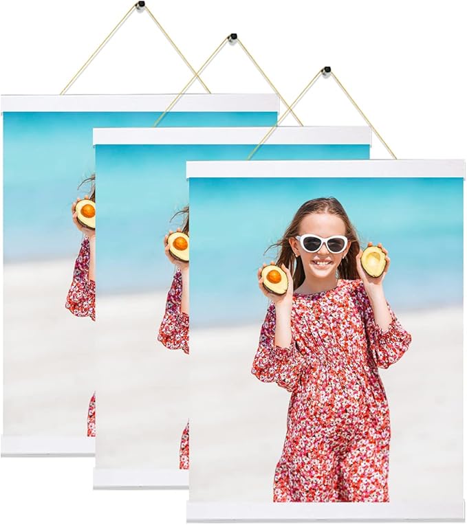 3 Pack Magnetic Poster Hanger Frame White, 8x10 8x12 8x16 Poster Frame Wood Wooden Magnet Print Posters Dowel Scroll Hanger Hangers Hanging Kit for Walls Map Canvas Artwork