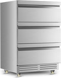 Tylza 3 Drawers Beverage Refrigerator, 190 Cans 24'' Beverage Fridge with Wheels, Outdoor Waterproof, All Stainless Steel Body, Undercounter or Freestanding, Drink Fridge for Home, Patio & Commercial