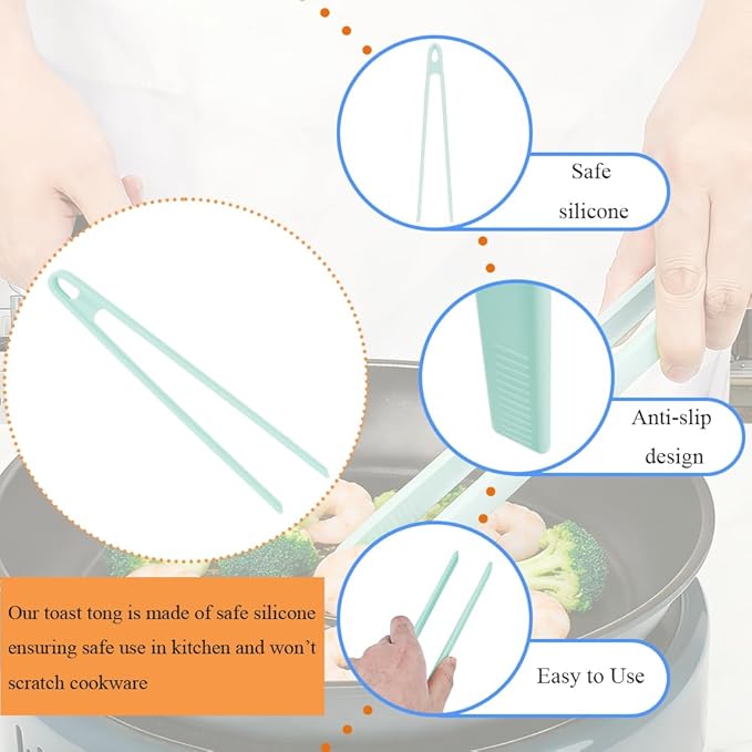 1Pcs Silicone Toaster Tongs, 11.6 Inch Long Silicone Kitchen Tong for Toaster Cooking Utensil Bread Waffle Tongs Food Tweezer Light Blue Toast Tong for Cooking Serving Bacon Salad Fruit Food,SATONBEYI