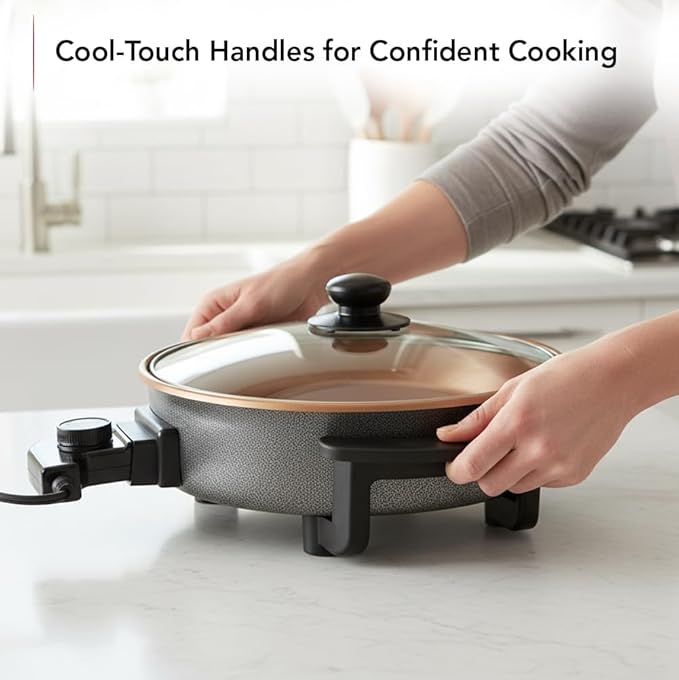 OVENTE 12 Inch Electric Skillet and Frying Pan with Nonstick Coating, 1400W Power, Adjustable Temperature Control, Tempered Glass Lid with Vent and Cool Touch Handles, Copper SK11112CO