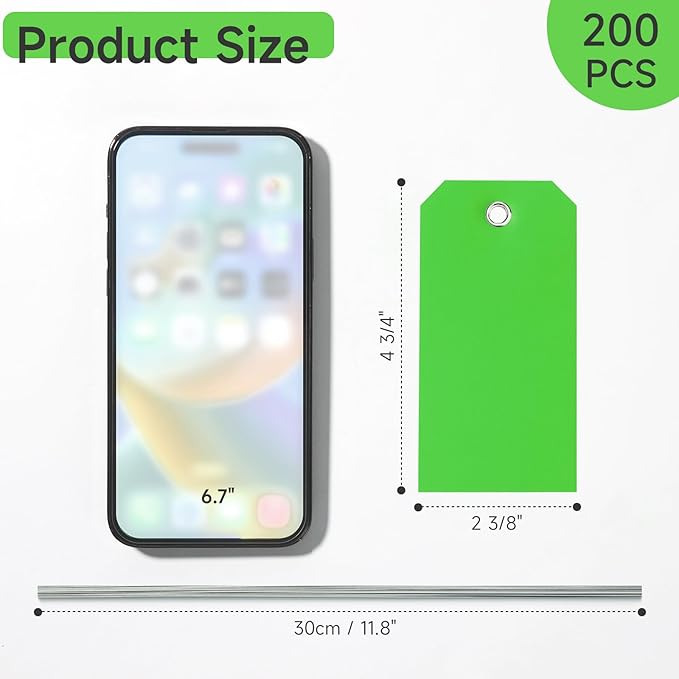 XUWAIDSGN 200 Pieces 4 3/4" x 2 3/8" Green Plastic Shipping Tags with Wire - Durable, Waterproof, Writable for Inventory, Luggage, Garage, Parts