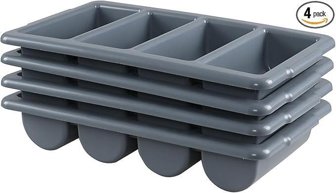 4 Pack Plastic Commercial Cutlery Bin, 4 Compartment Commercial Silverware Bin, Gray