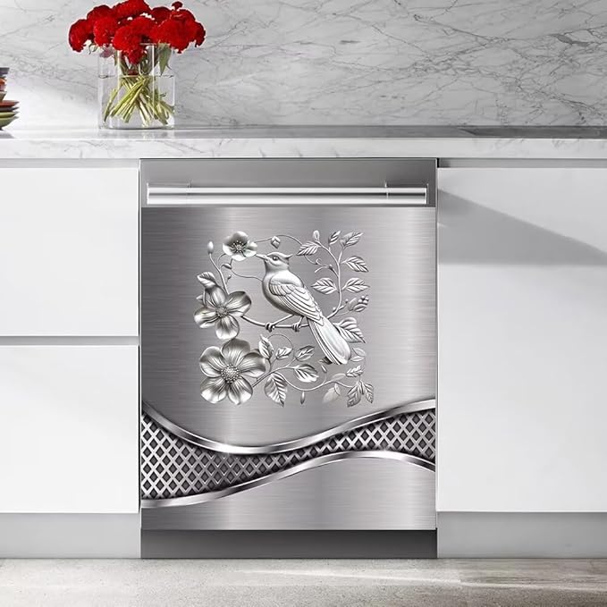 Stainless Steel Design Bird Wallpaper Dishwasher Cover Magnetic Sticker Refrigerator Door Panel Cover Fridge Appliance Magnet Decal Sheet 23x26 inch