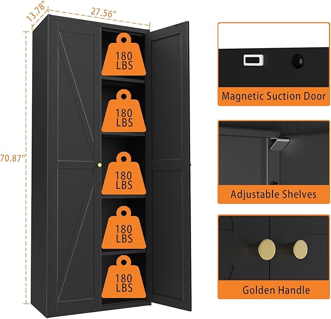 Food Pantry Cabinet, 71" Kitchen Pantry Storage Cabinets with Doors and Adjustable Shelves, Metal Hutch Cabinet with Storage for Kitchen, Living Room, Dining Room, Black