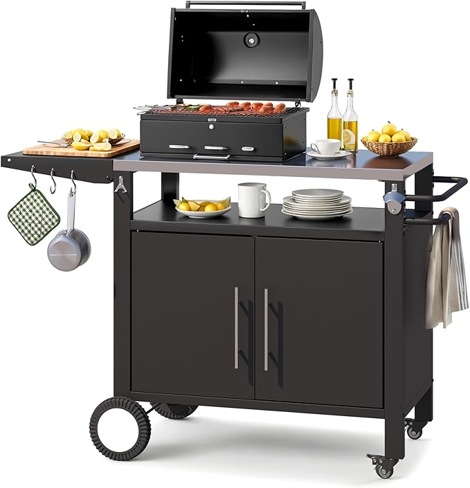 Outdoor Kitchen Storage Cabinet on Wheels, Grill Prep Table Kitchen Cabinets Island with Stainless Steel Top, Extension Plate, Outdoor Pizza Oven Stand Table for BBQ Patio Backyard
