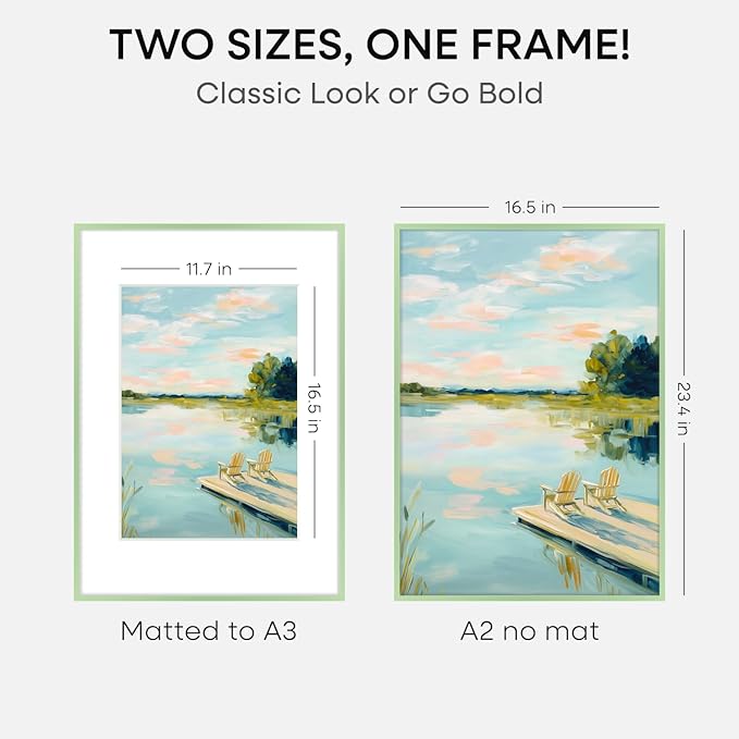Homeforia A2 Poster Frame Sage Green, High End Metal A2 Picture Frame Sage Green with Mat A3 for Print, 16.5x23.4 Frame Matted to 11.7x16.5 Photo, 16.5 x 23.5 Frame, Tempered Glass, Wall Kit, Set of 1