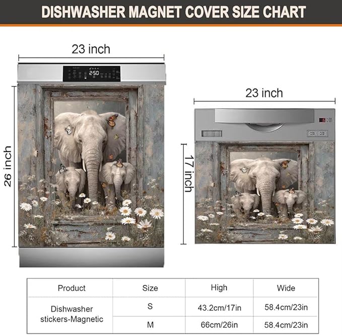 Elephant Dishwasher Magnet Cover - Kithcen Decorative Dishwasher Cover Front Door Panel Decal, Farm Wood Flower Refrigerator Magnet Fridge Sticker, Elephant Gifts for Women, 23x26 Inch