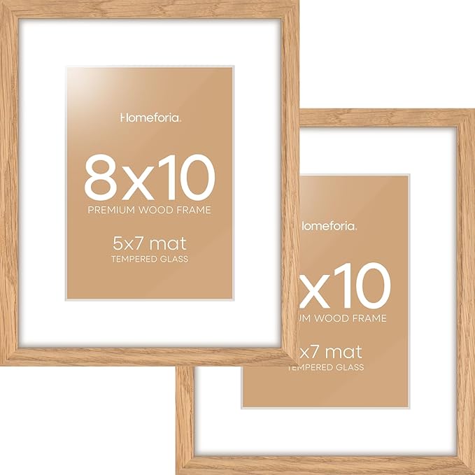 Homeforia 8 x 10 Wood Picture Frame, High End Natural Oak 8x10 Light Wooden Frames with Mat 5x7 inch Photo, 8 x 10 Frame Matted to 5 x 7 Art, Wall or Tabletop Frame, Tempered Glass, Wall Kit, Set of 2