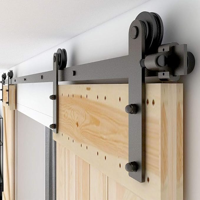 CCJH 11FT Sliding Barn Door Hardware Kit, Heavy Duty, Smoothly and Silently, Easy to Install, Fit 33" Width Double Door Panel, I Shaped Hangers Black