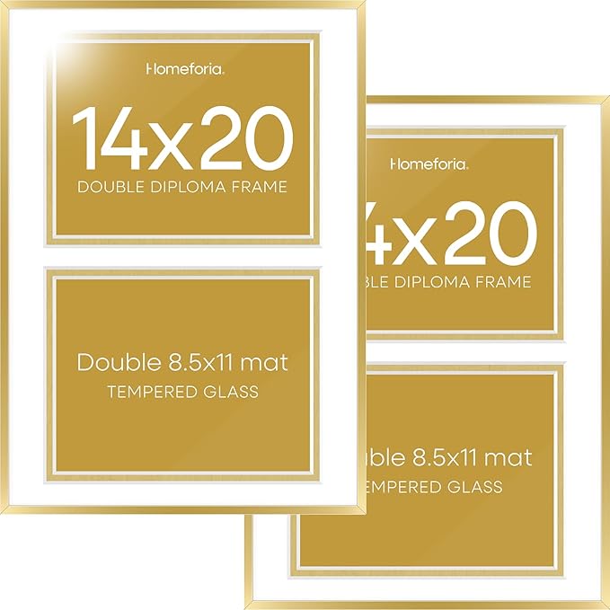 Homeforia 14x20 Double Diploma Frame Gold, High End Metal 14 x 20 Certificate Frames with Mat for Two 8.5x11 inch Diplomas, 20x14 Dual Award Graduation Matted Frame, Tempered Glass, Wall Kit, Set of 2
