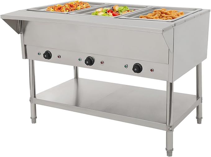 Commercial Electric Steam Table, 3-Pan Open Well Electric Stainless Steel Steam Table Food Warmer, Stainless Steel Steam Table, for Restaurant