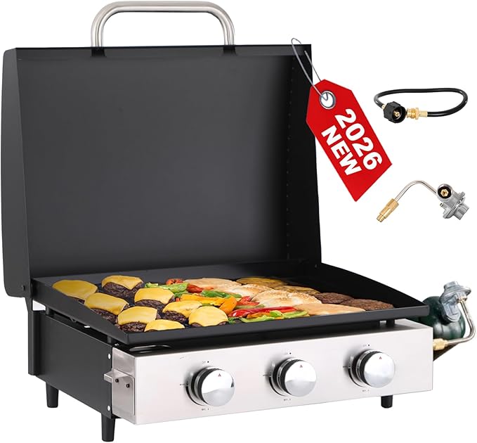 GREEN PARTY 22 inch Tabletop Griddle with Ceramic Coated Cast Iron Plate, 3 Burners Flat Top Griddle, Portable Propane Gas BBQ Grill Griddle for Kitchen Outdoor Cooking Barbecue Camping Tailgating