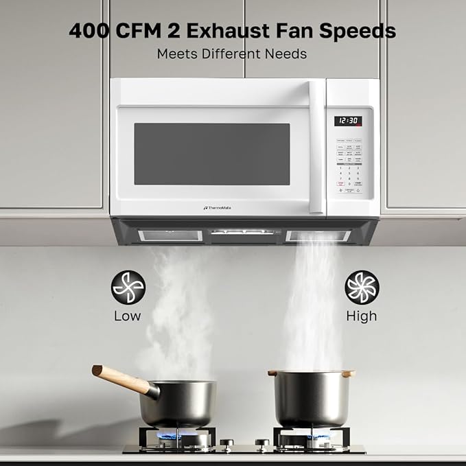 ThermoMate 30" White Over the Range Microwave with 1.9 Cu. Ft. Capacity, Over the Stove with One Touch, 1000 Cooking Watts, 400 CFM and Sensor Cooking, 11 Power Levels, LED Lighting
