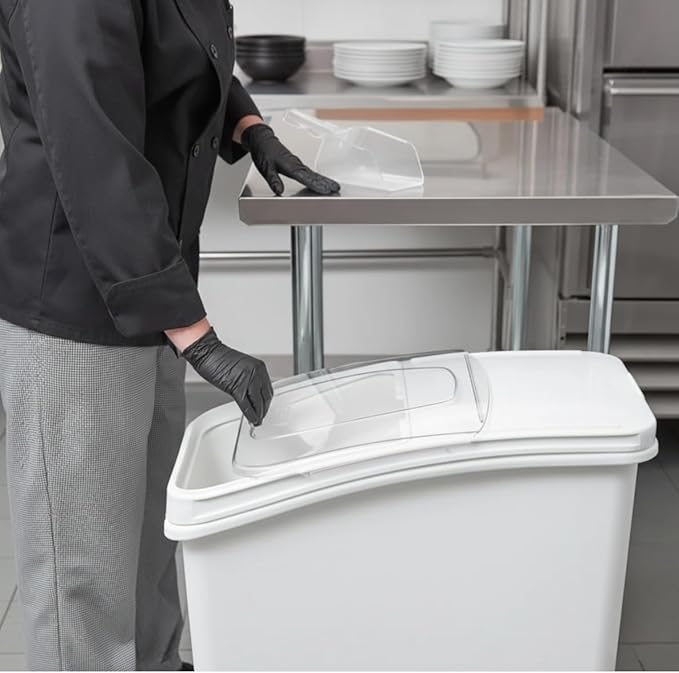 TrueCraftware- 27 Gallon (430 Cups) White Shelf Ingredient Bin with Clear Sliding Lid Casters & Measuring Scoop- Plastic Kitchen Pantry Storage Bin for Dry Food Flour Sugar Kitchen Restaurant
