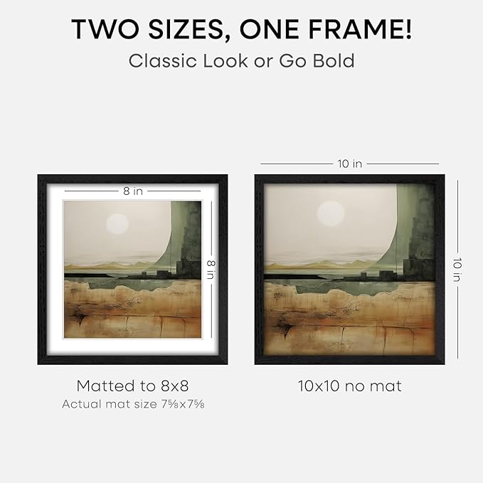 Homeforia 10x10 Picture Frame Black Wood, High-End Oak 10 x 10 Square Frames with Mat 8 by 8 Photo, 10by10 Wooden Frame Matted to 8x8 Print, Wall or Tabletop Frames, Tempered Glass, Wall Kit, Set of 2