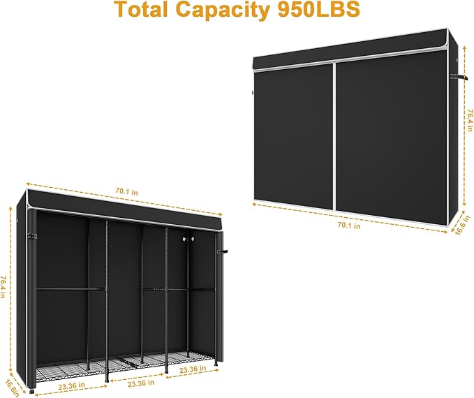 E14C Heavy Duty Closet Organizer System，Freestanding Clothing Racks for Hanging Clothes，Adjustable Garment Rack 70.1" W × 16.6" D × 76.4" H Hold 960 lbs，Black Rack with Black Dustproof Cover
