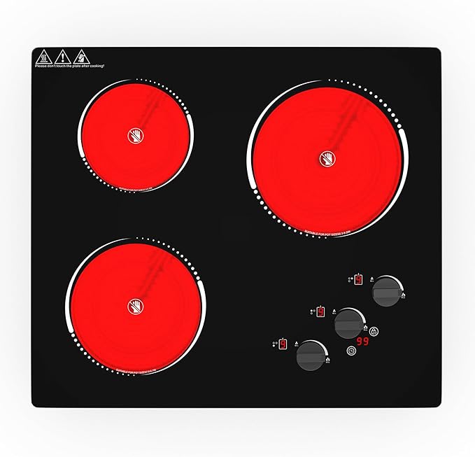 VBGK Electric Cooktop,24 inch 220V Electric Stove Top,Touch and Knob Control,LED,9 Power Levels, Kids Lock &Timer,Overheat Protection,5000W 3 burner cooktop.
