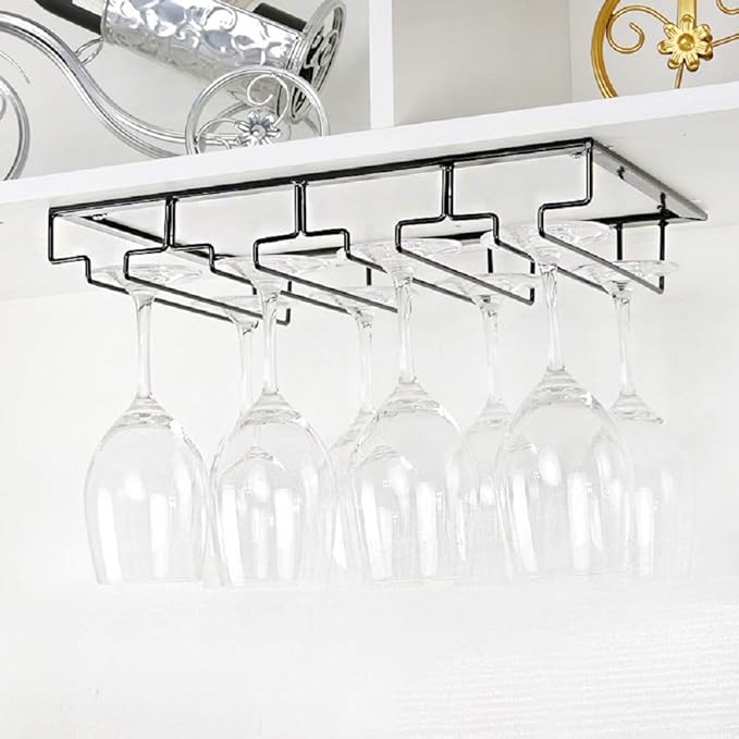 Wine Glass Rack - Under Cabinet Stemware Wine Glass Holder Glasses Storage Hanger 2 Pack Metal Organizer for Bar Kitchen 4 Rows Black
