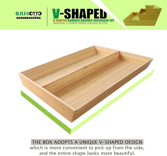 V-Shaped 3-Pack 19.6" Long Bamboo Drawer Organizer Box - Easy Reach Cutlery Tray for Flatware Silverware Utensil, Kitchen & Home Use (19.6"x5.7"/19.6"x7.8"/19.6"x12.4")