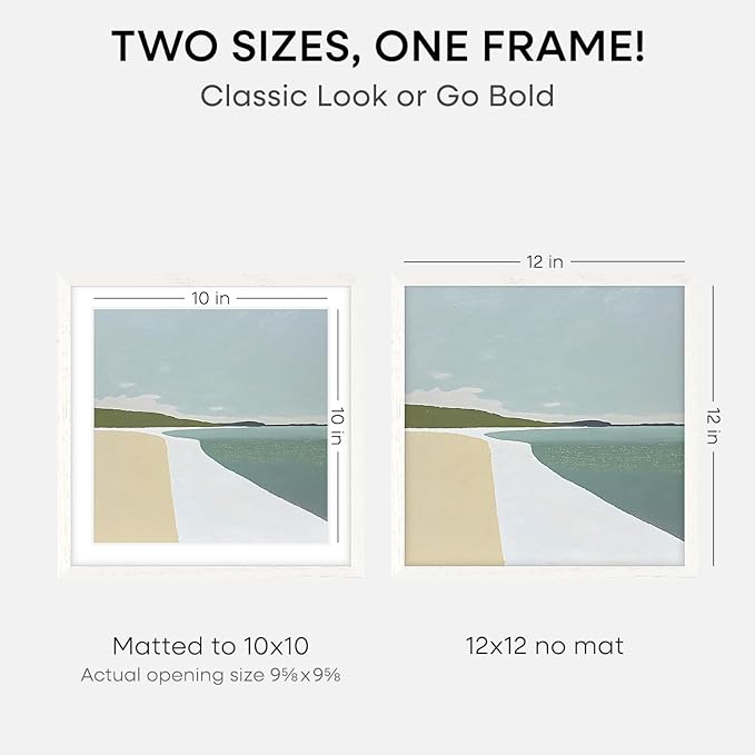 Homeforia 12x12 White Frame Wood, High End Oak 12 x 12 Square Picture Frames with Mat 10 by 10 inches Photo, 12by12 White Wooden Poster Frames Matted to 10x10 Print, Tempered Glass, Wall Kit, Set of 2