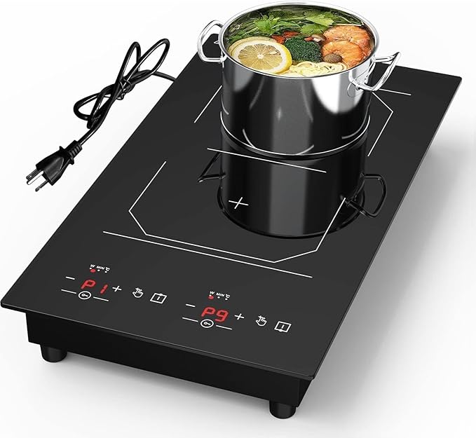 2 Burner Induction Cooktop, 12 Inch Portable Electric Stove Top 110V Built-in - 2300W Double Cooktop with 9 Temp Settings & Timer, Perfect for RV, Dorm, Camping & Small Kitchens