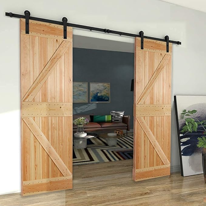 CCJH 8.2FT Sliding Barn Door Hardware Kit, Heavy Duty, Smoothly and Silently, Easy to Install, Fit 24.6" Width Double Door Panel, I Shaped Hangers Black