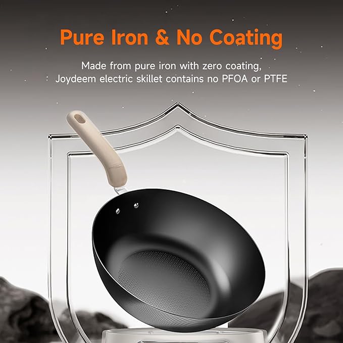 Joydeem 5Qt Electric Skillet, Pure Iron Nonstick Frying Pan with Glass Lid & Steamer Rack, 1600W 3-Level Heat Control, Removable Pot, Family-Sized Cooker for Boil Steam Sauté, 11.81inch