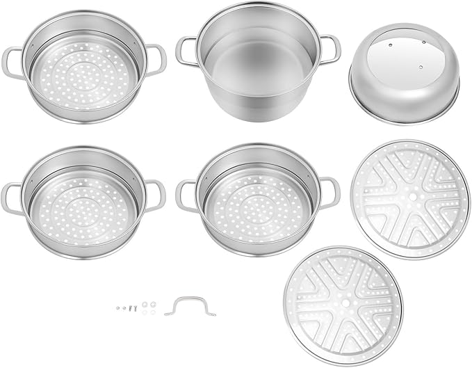 5-Tier Steamer Pot for Cooking, D12.8in Stainless Steel Steamer Cookware with Handles Glass Lid & Strainer Baskets for Food Dumpling Fish Vegetable Seafood