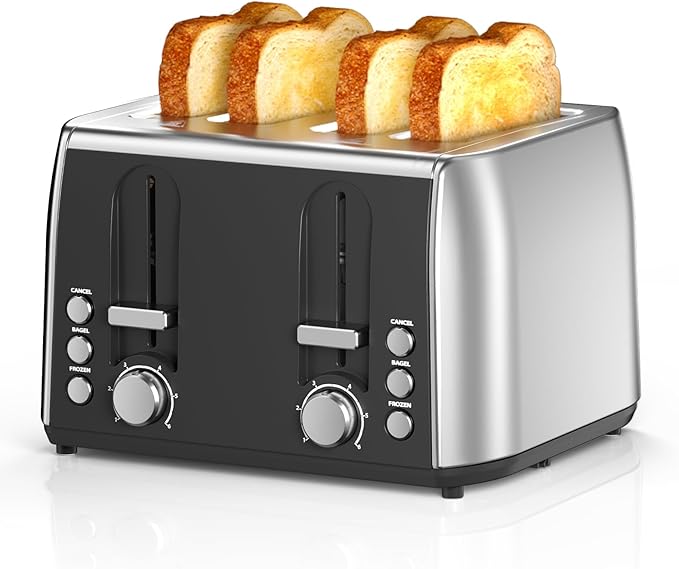 Cowsar Toaster 4 Slice Retro Stainless Steel, Compact 4 Slice Toaster with Extra Wide Slots for Toasting Bread, Bagel, Cancel/Bagel/Defrost Function, Toast Boost, 6 Shade Settings