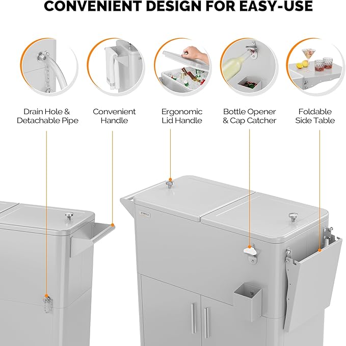 VINGLI Patio Cooler, Ice Chest with Storage Cabinet, Bottle Opener Drainage, Outdoor Cooler for Party, Deck, Pool