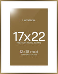 Homeforia 17x22 Picture Frame Bronze, High End Metal 17x22 Brass Poster Frames with Mat 12x18 Photo, 17 x 22 Frame Matted to 12 by 18 inch Print, 22by17 Thin Frames, Tempered Glass, Wall Kit, Set of 1