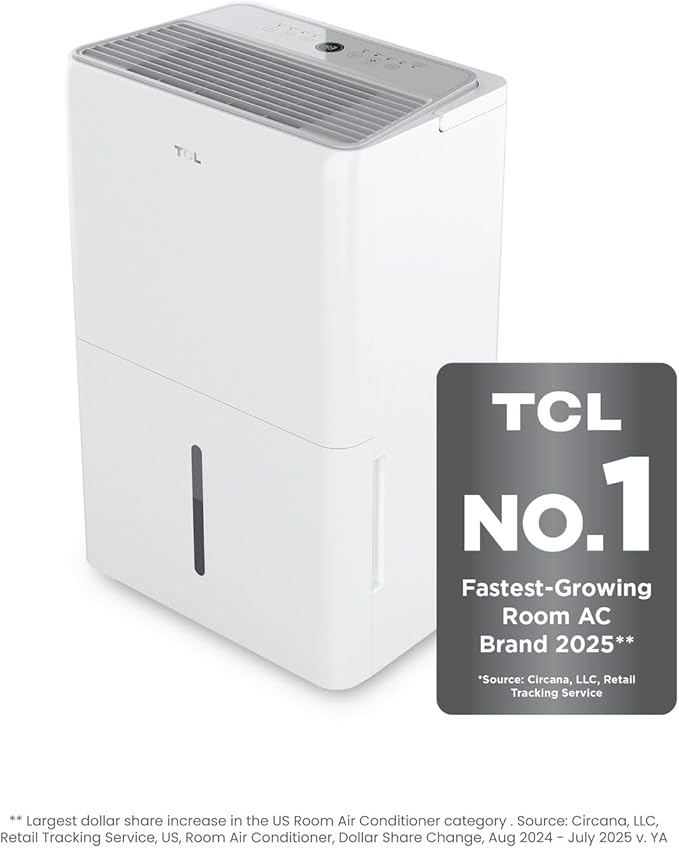 TCL 3000 Sq. Ft. Smart Dehumidifier, Energy Star Most Efficient, Ultra-Compact, 32 Pints Per Day, for Whole House, Basement, Bathroom & Bedroom, Works with Alexa/Google Assistant