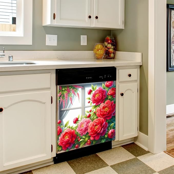 Dishwasher Magnet Cover Flower Red Beautiful Dishwasher Decorative Cover Front Dishwasher Door Cover Reuseable Dishwasher Cover Panel Decal for Kitchen Refrigerator Home Appliances 23" X 26"