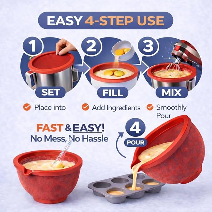 Silicone Mixing Bowl Liners for 5-Qt Tilt-Head Stand Mixers, Extra-Thick Non-Stick Silicone Bowl Inserts with Airtight Lids, BPA-Free Dough, Batter & Food Storage Liners, Set of 3
