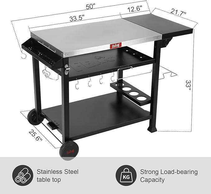 Outdoor Grill Cart, Pizza Oven Table Stand for Outdoor Indoor, 50" x 22" Stainless Steel Tabletop Dining BBQ Grill with Wheels for Food Prep, 3-Shelf Kitchen Cart Table