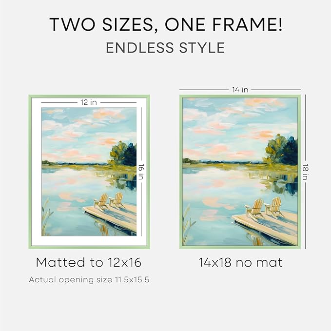 Homeforia 14x18 Picture Frame Sage Green, High End Metal 14x18 Poster Frames with Mat 12x16 Photo, 14 x 18 Sage Green Frame Matted to 12 by 16 Art, 18x14 Thin Frame, Tempered Glass, Wall Kit, Set of 2