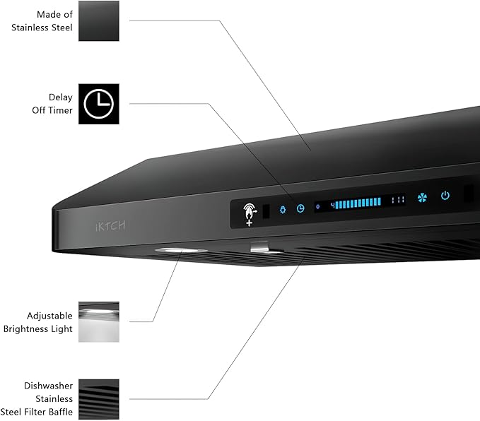 IKTCH 36 inch Range Hood 900 CFM, Black Under Cabinet Kitchen Vent Hood with 4 Speed Gesture Sensing&Touch Control Panel
