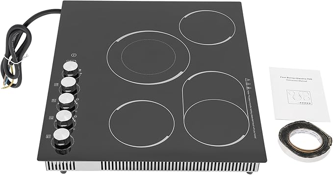 4 Burner Electric Cooktop, 3400W 110V Electric Stove Countertop, 5 Heating Level, Child Lock, Timer, Knob Control, Ceramic Built-in Stove Top, Hard Wire, No Plug