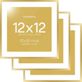 Homeforia 12x12 Picture Frame Gold, High End Metal 12 x 12 Square Poster Frame with Mat 10 x 10 Photo, 12x12 Frame Matted to 10x10 Print, 12by12 Gold Hanging Frames, Tempered Glass, Wall Kit, Set of 3