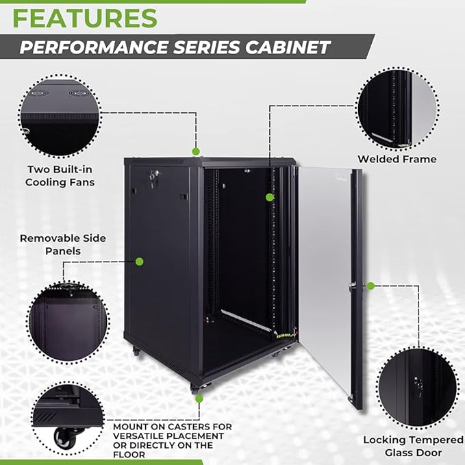 NavePoint 18U Server Cabinet Wall Mount Rack Enclosure with Caster Wheels, 2 Fans, Locking Glass Door, Removable Side Panels – 18U Network Cabinet 23.6” Deep, 19” Server Rack for IT Equipment