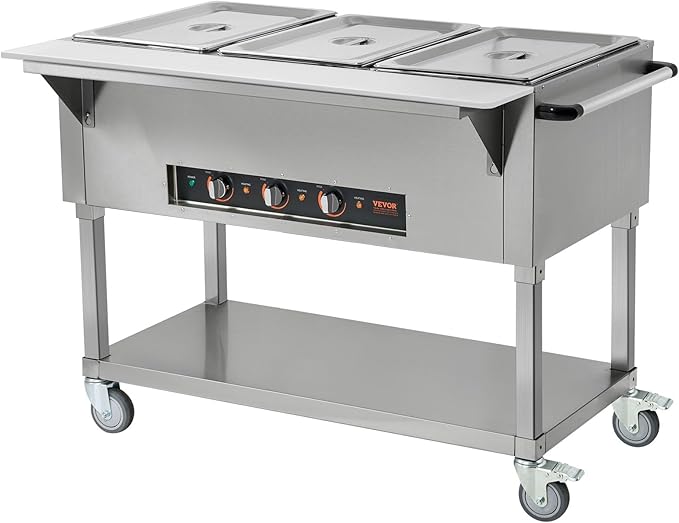 VEVOR 3-Pan Commercial Food Warmer, 3 x 20.6QT Electric Warm Table, 1500W Professional Buffet Catering Food Warmer with 4 Wheels (2 Lockable), Food Grade Stainless Steel Server for Party Restaurant
