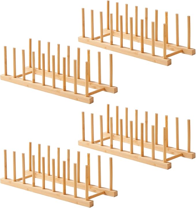 4 Pack Bamboo Wooden Dish Rack-Plate Pot Lid Cutting Board Organizer Holder Rack for Cabinet-Kitchen Cabinet Organizer for Dish, Pots, Lids, Bowls, Bottles, Books, and Puzzle
