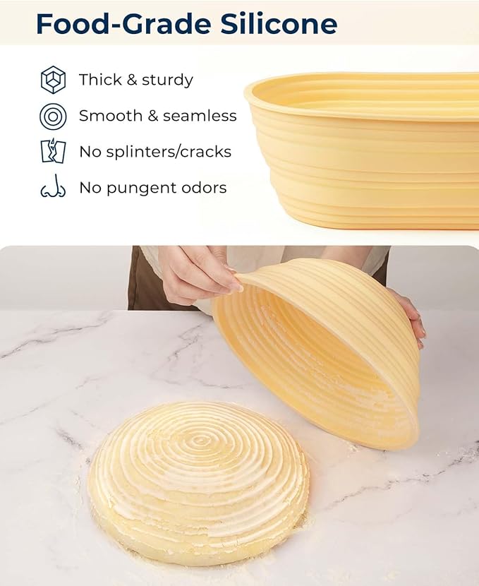 Silicone Banneton Bread Proofing Baskets Set of 2, 9" Round & 10" Oval Foldable Sourdough Proofing Baskets with Sourdough Bread Baking Supplies, Including Bread Lame, Dough Scraper
