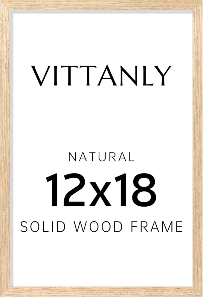 Vittanly 12x18 Picture Frame, Solid Wood Frame with Plexiglass, Includes 11x17 Mat, Wall Hanging for Photos, Home Decor, Natural, 1 Pack